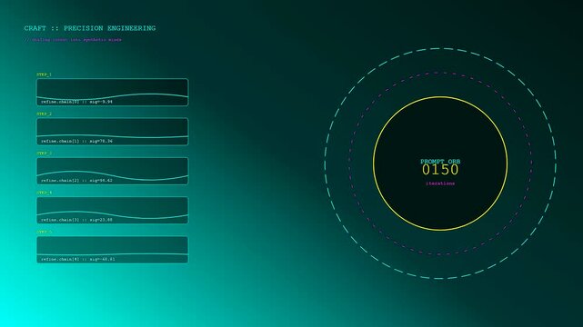 A prompt engineering interface displays shifting numerical data sets and circular glow patterns inside a dark virtual environment rendered for advanced software development and system analysis