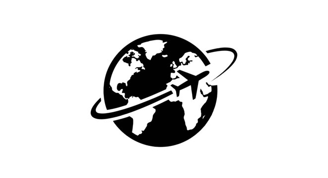 Vector illustration of travel icon with airplane flying around the globe on a transparent background