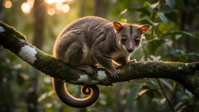 Common ringtail possum resting on a mossy tree branch in a forest setting at sunset