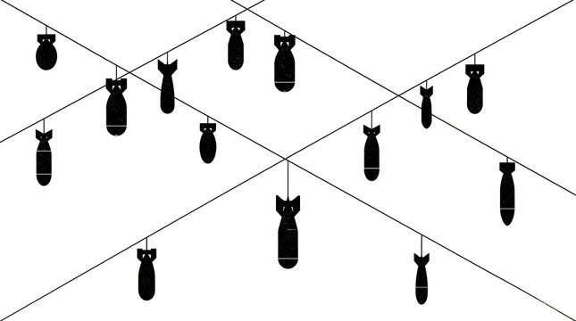 Minimalist illustration of bombs hanging from grid lines
