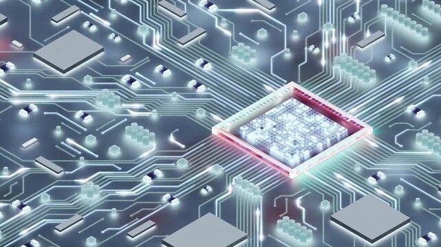 Close up of glowing microprocessor on circuit motherboard with data pulses to cpu. Isometric view