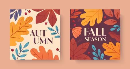 Elegant autumn poster set with fall leaves,berries,foliage,acorns,floral elements.Decorative fall cards in warm autumn colors.Seasonal templates for greeting cards,invitations,promotions,social media © Xenia Artwork 