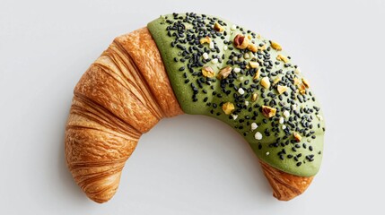 Fototapeta premium Top down view of a freshly baked matcha green tea croissant