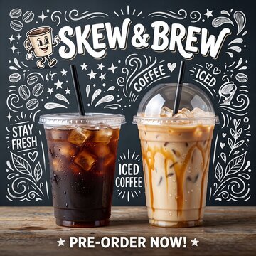 Iced coffee drinks, cold brew, coffee cups, Skew & Brew, pre-order now