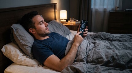 Fototapeta premium Man lying in bed at night using smartphone to set sleep schedule alarm on app
