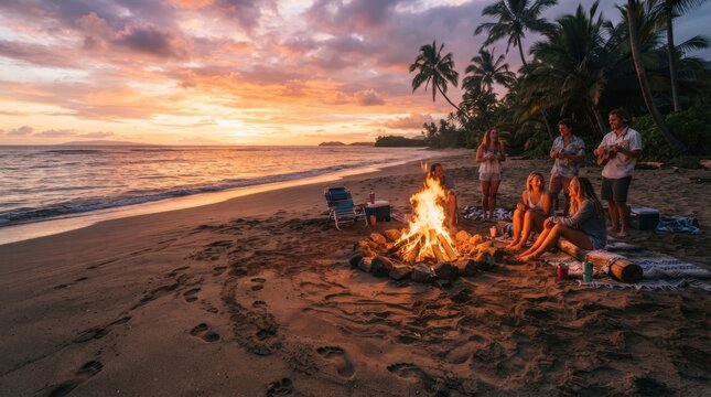 Friends Gathering Around Beach Bonfire Sunset.