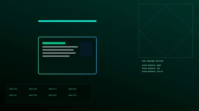 A digital kyc verification sequence displays flickering UI elements with geometric shapes and scanning progress bars flickering over a dark green gradient motion graphic motion display
