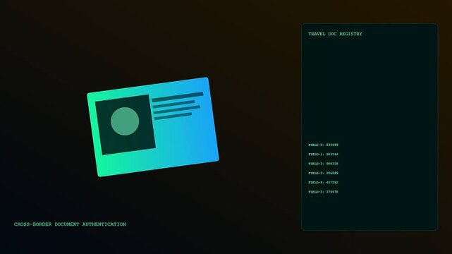 Digital kyc verification sequence showing a glowing identification card transition through a data registry interface with smooth animation style for modern software user experience design