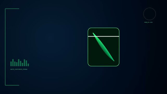Kyc verification digital interface shows a simple blade icon inside a frame which glows while shifting through dark green and deep purple and navy color gradients
