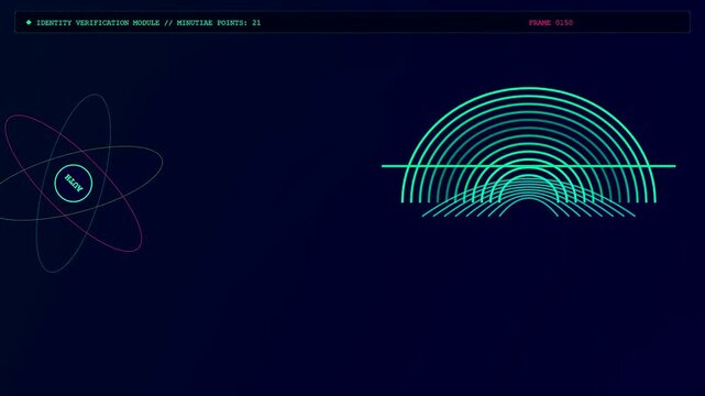 A kyc verification digital interface shows glowing concentric circular wave patterns and thin orbital paths on a dark navy blue surface during biometric user authentication