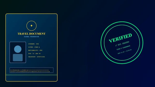 A kyc verification document interface displays digital identity profiles shifting across dark screens with glowing circular stamp animations that show active scanning and system user processing