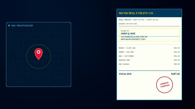 A digital kyc verification sequence displays a map marker and a utility statement appearing on a dark screen interface as part of an identity process