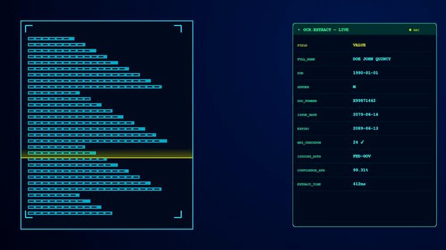 A kyc verification interface animation showing data parsing processes on a dark screen with glowing blue lines and text fields appearing in a sequence