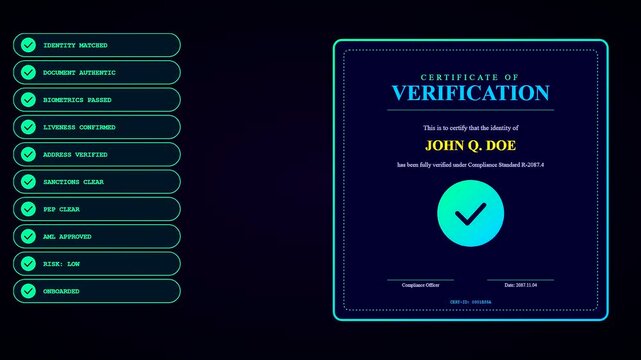 a digital kyc verification sequence featuring a certificate that progressively populates status checkmarks until a glowing blue badge appears within the frame for user validation