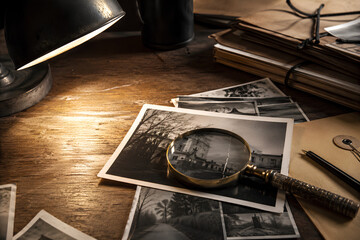 Vintage magnifying glass inspecting printed photograph under desk lamp © aulia