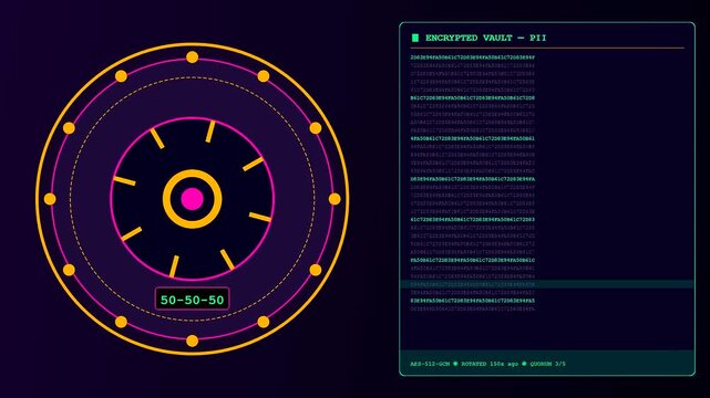 A kyc verification interface displays changing digital numbers within glowing circular graphics and scrolling lines of green encrypted text on a dark purple screen display