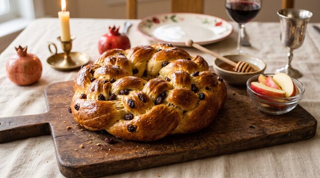 Round Challah Bread With Raisins Apples Honey Pomegranate And Wine For Rosh Hashanah Celebration