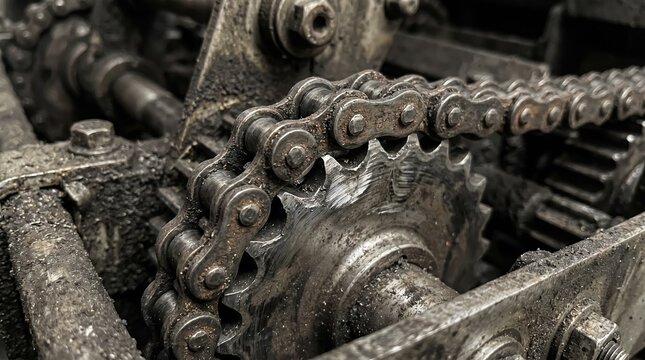 Macro shot of a dry escalator step chain and sprockets highlighting metal surfaces with minimal lubrication and signs of friction wear.