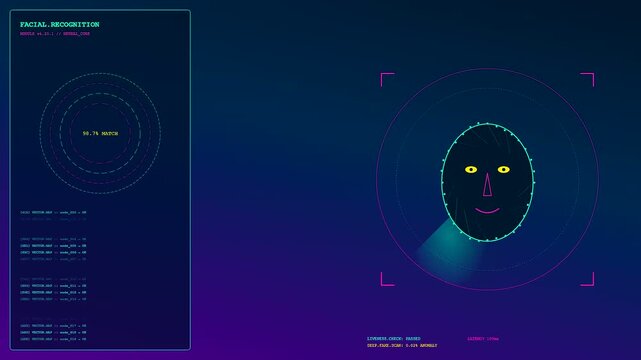 Digital kyc verification scan featuring a biometric facial recognition interface with rotating light beams and scrolling system logs on a dark gradient computer screen display