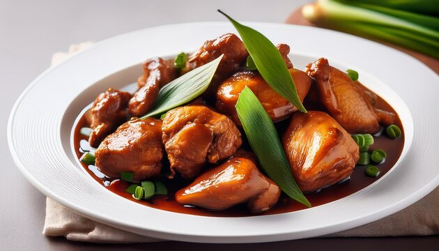 chicken adobo dish with bay leaves and green onions on a white plate