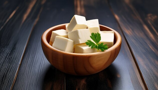 creamy paneer cubes a close up showcases a wooden bowl brimming with fresh delicately cubed paneer cheese inviting culinary exploration and the joy of taste