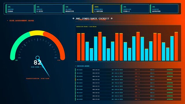 a kyc verification dashboard displaying fluctuating risk score metrics and live compliance data monitoring financial transaction patterns across multiple digital user profiles on a screen