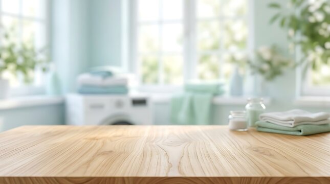 Empty wooden tabletop in bright laundry room background with washing machine and towels for household product display