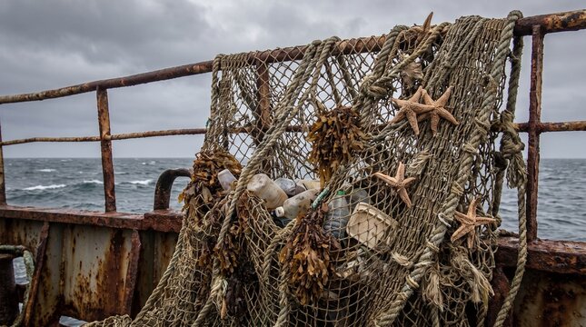 Discarded fishing net entangled with plastic trash and starfish hanging on rusted deck.