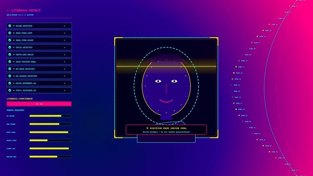 Digital kyc verification sequence displays a stylized human face model inside a glowing frame while scanning biometric data markers in a rhythmic software testing process