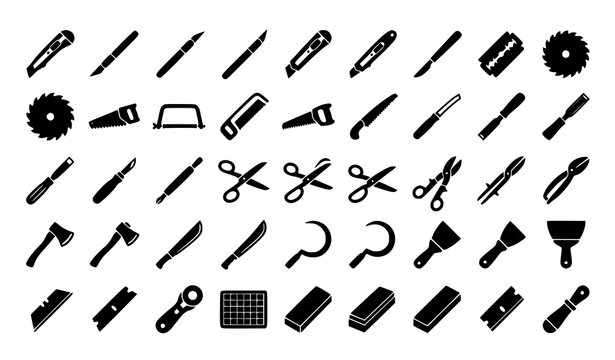 Black silhouette cutting tool and blade icon set with craft knives saws scissors chisels and workshop equipment isolated on white background