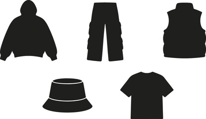 Streetwear Clothing and Apparel Silhouette Icon Set Featuring Hoodie, Cargo Pants, Puffer Vest, Bucket Hat, and T-shirt Vectors for Fashion Tech Packs © DabashChandra