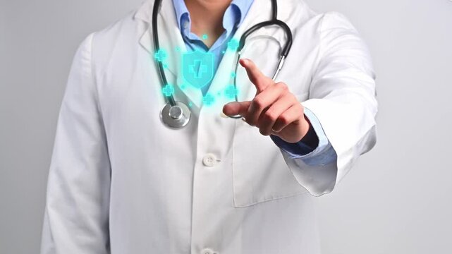 Doctor touches a holographic immune system icon with his finger