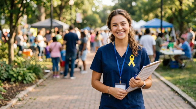 A young woman wearing a yellow ribbon and a blue lanyard stands in a park with a crowd of people in the background.