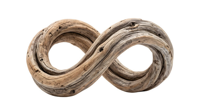 Weathered driftwood infinity symbol on white background, rustic wooden eternal loop sculpture, natural timber texture infinity sign for eco-friendly branding