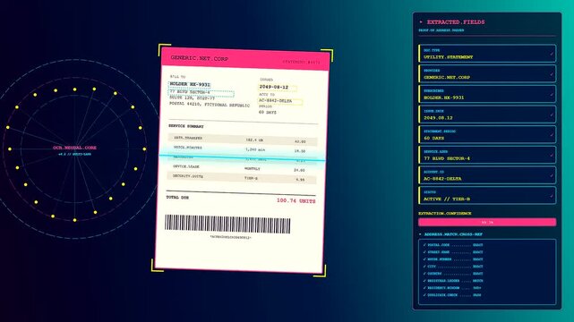 Digital kyc verification sequence showing automated document scanning processing in a modern software interface with glowing neon graphical user elements on a dark cyan background