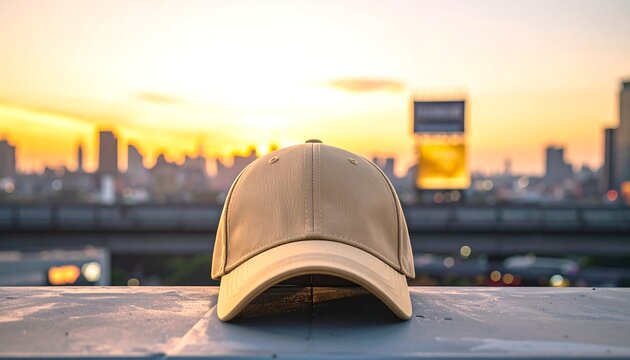 A beige baseball cap sitting on a ledge overlooking a city skyline at sunset. Blank dad cap for mockup design.