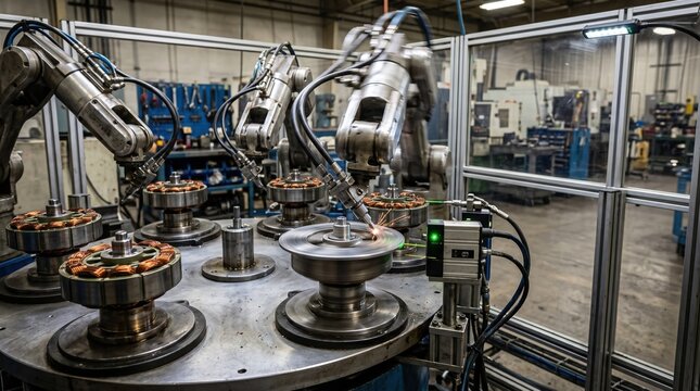 Automated balancing system in action medium shot capturing robotic arms finetuning brushless motor rotors to optimize power tool motor efficiency and reduce vibrations.