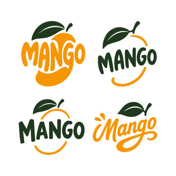 Set of organic mango fruit logos and labels in green and orange colors for packaging design.