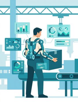 A worker in a factory is lifting a box using an exoskeleton device. The scene focuses on how technology helps prevent workplace injuries.