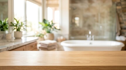 Fototapeta premium Empty Wooden Tabletop with Blurred Luxury Bathroom Interior Background for Product Display Presentation Website Banner.