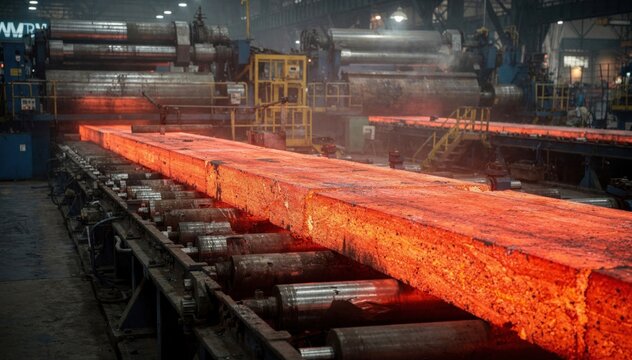 Detailed medium shot capturing billet steel passing along the runout table highlighting machinery and production flow.