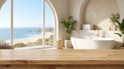 Fototapeta premium Empty wooden table surface for product display with luxury bathroom interior and tropical beach ocean view scenery art