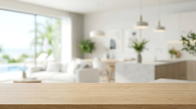 Wooden Table Top Surface with Blurred Modern Kitchen Interior Background for Product Display Mockup Presentation Design