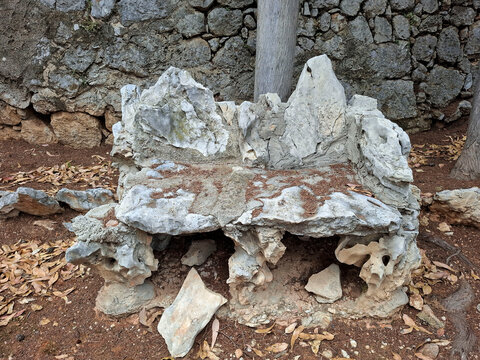Weathered stone bench in Borja leprosarium with dry leaves and signs of decay