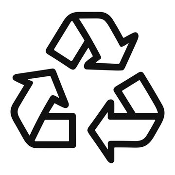 Black outlined recycling symbol of three curved arrows forming a triangular loop on a white background, representing recycling, sustainability and circular economy