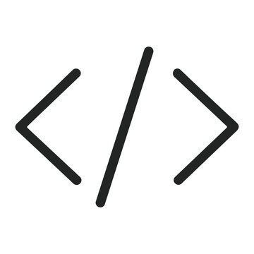 Minimal black code icon showing left and right angle brackets separated by a centered forward slash, representing coding, markup tags, web development and software design
