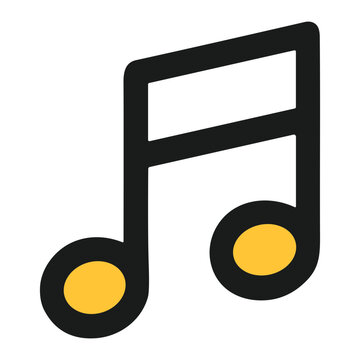 Stylized flat graphic of a pair of connected musical eighth notes with bold black outlines and bright yellow filled noteheads on a white background, simple music icon.