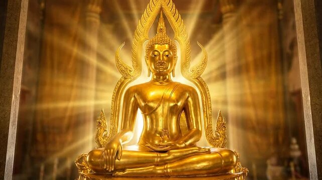 Golden Buddha statue with radiant light rays.