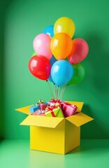 Fototapeta premium Bright yellow box overflows with wrapped presents, colorful balloons floating up against green background. This image suggests joy excitement, celebration for any special occasion or party event.