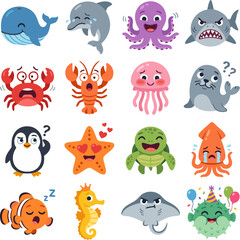 Obraz premium Vector illustration bundle of sixteen adorable sea life and marine animal stickers. Featuring whale, dolphin, octopus, shark, crab, lobster, jellyfish, seal, penguin, starfish, sea turtle, squid, clow